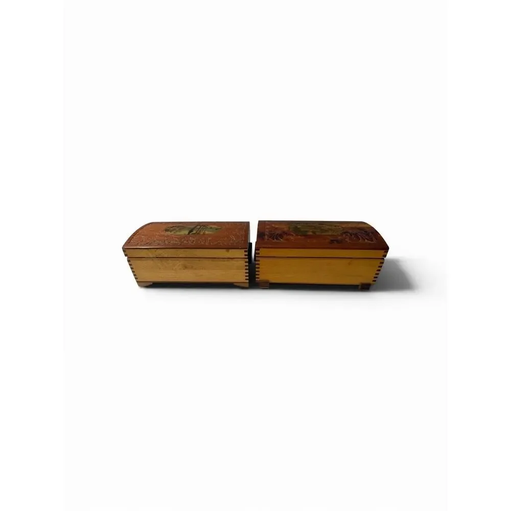 Vintage Hand Carved Cedar Trinket Jewelry Box Lot of 2 Glass Lid Wood Keepsake C